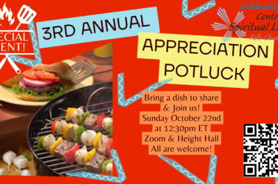 Announcement for a 3rd Annual Appreciation Potluck event with date and Zoom details.