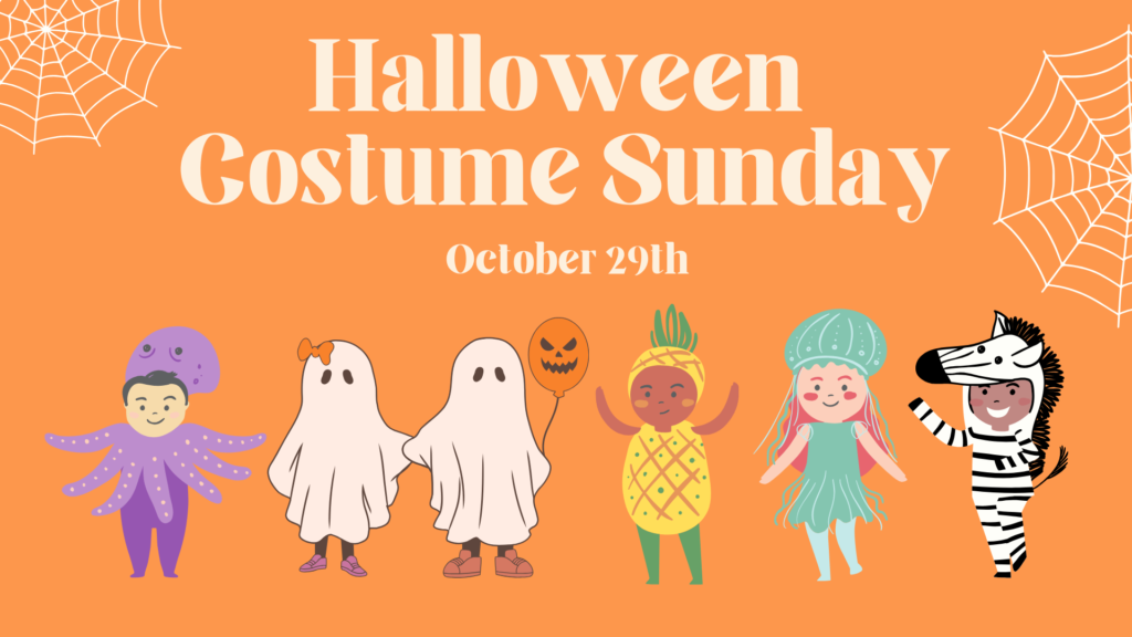 Cute Halloween costume event announcement with ghosts and children in costumes.