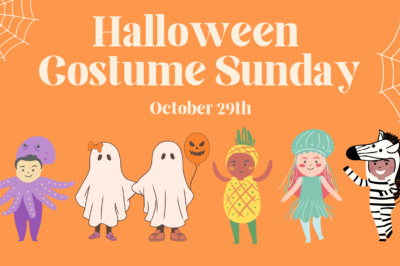 Cute Halloween costume event announcement with ghosts and children in costumes.