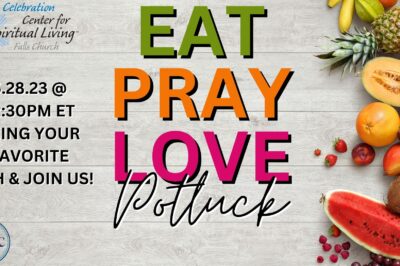 Colorful text on a white brick wall promoting an Eat Pray Love potluck event.