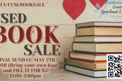 Stack of books promoting a used book sale event.