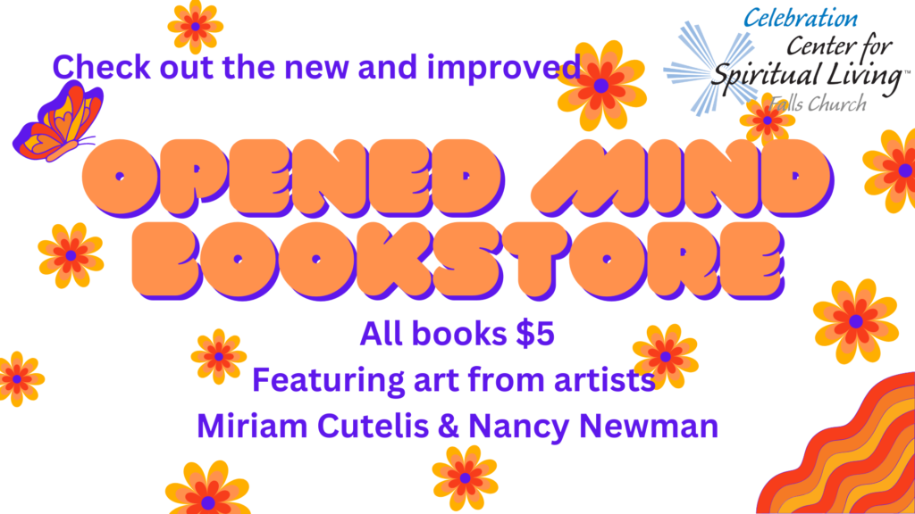 Bright promotional sign for Opened Mind Bookstore with artist features.