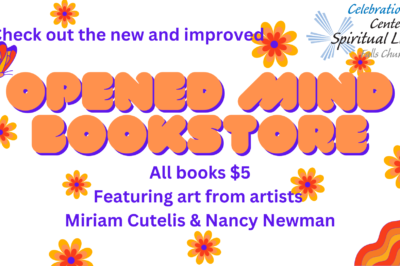 Bright promotional sign for Opened Mind Bookstore with artist features.