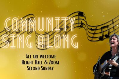 Community sing-along event poster with musical notes and details.