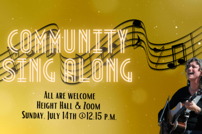 Community sing-along event announcement with musical notes and gold background.