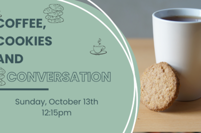 Invitation card for a cozy coffee and cookies conversation event.