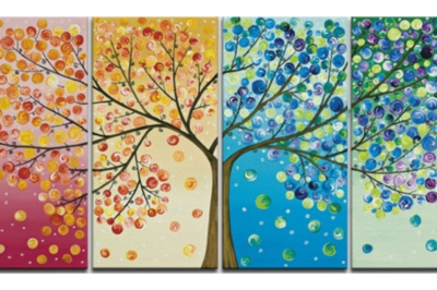 Colorful triptych painting of a tree through four seasons.