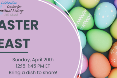 Colorful Easter eggs in a basket with event details on a purple overlay.