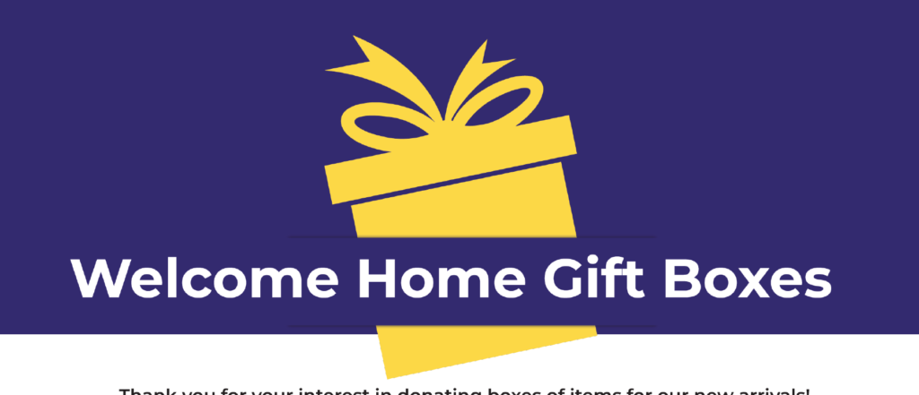 Yellow gift box with ribbon on white background, part of text 'Home Gift'.