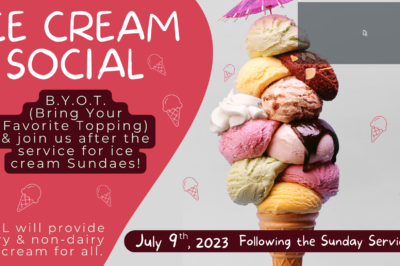 Ice cream social event poster with colorful scoops and details.