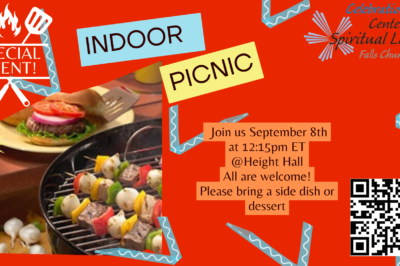 Indoor picnic invitation with colorful food and cheerful design.