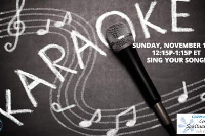 Microphone and music notes on a karaoke poster.