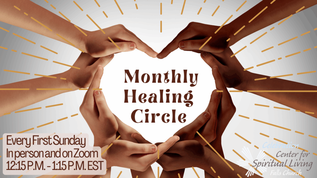 Hands forming a heart around 'Monthly Healing Circle' text.