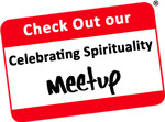 A red and white sticker promoting a spirituality meetup event.