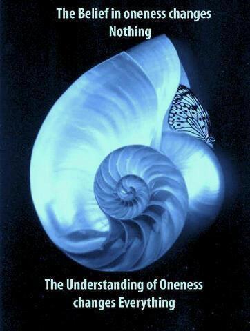 A glowing blue nautilus shell with the text 'The Understanding of Oneness'.
