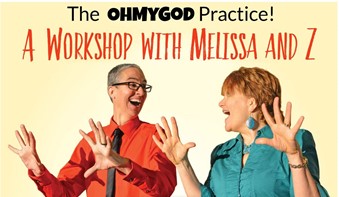 Two women excitedly engage in The OHMYGOD Practice workshop.