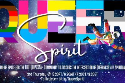 Colorful QUEER Spirit event poster with vibrant rainbow bars and a person dancing.