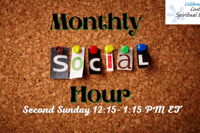 Monthly Social Hour event announcement on bulletin board.