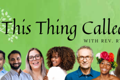 Three people smiling in a podcast banner with green background.
