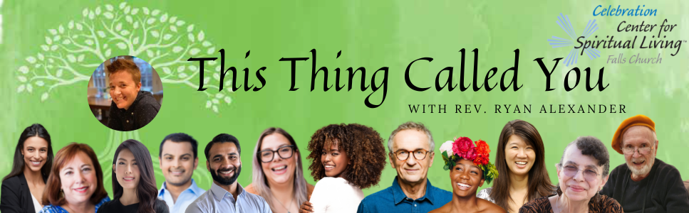 Three people smiling in a podcast banner with green background.