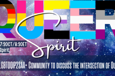 Colorful banner inviting to discuss LGBTQ+ intersections and spirit.