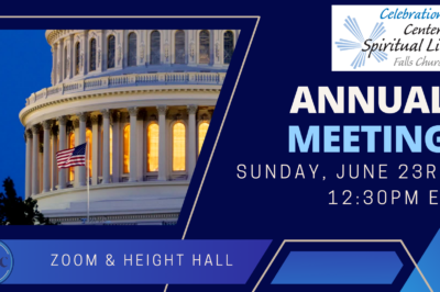 Announcement for a Sunday annual meeting at 12:30 PM in Freedom & Height Hall.