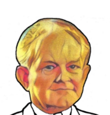Caricature of a man with blonde hair and a suit.