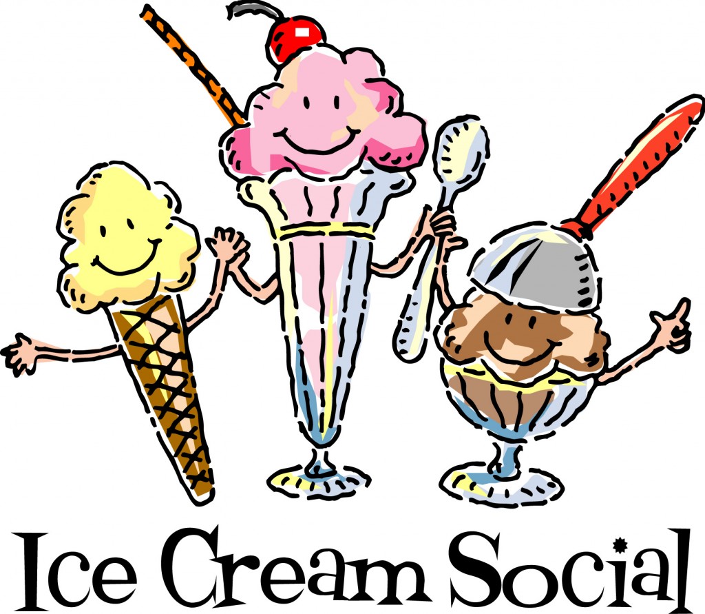 Three cheerful ice cream characters holding spoons and a stick, labeled 'Ice Cream Social'.