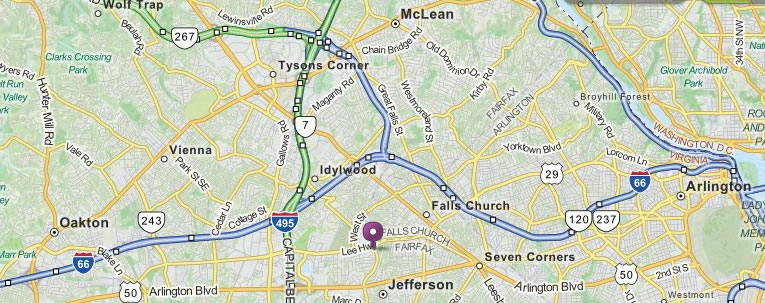 Map showing Tysons Corner, Falls Church, and Jefferson in Virginia.