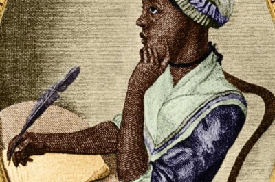 Illustration of a thoughtful woman writing with a quill pen.