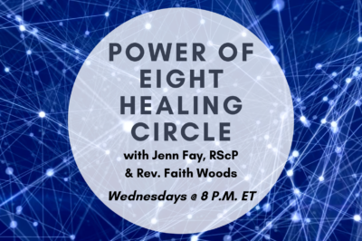 Logo for 'Power of Eight Healing Circle' with host names and schedule.