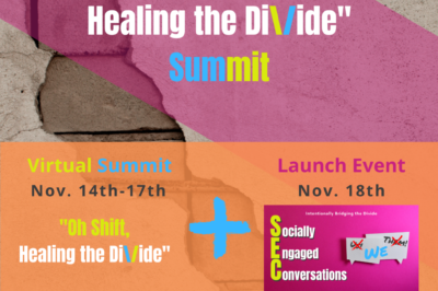 Promotional banner for the "Oh Shitt, Healing the DiVide" summit and launch event.