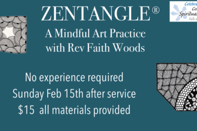 Promotional flyer for a Zentangle art workshop with Rev Faith Woods.